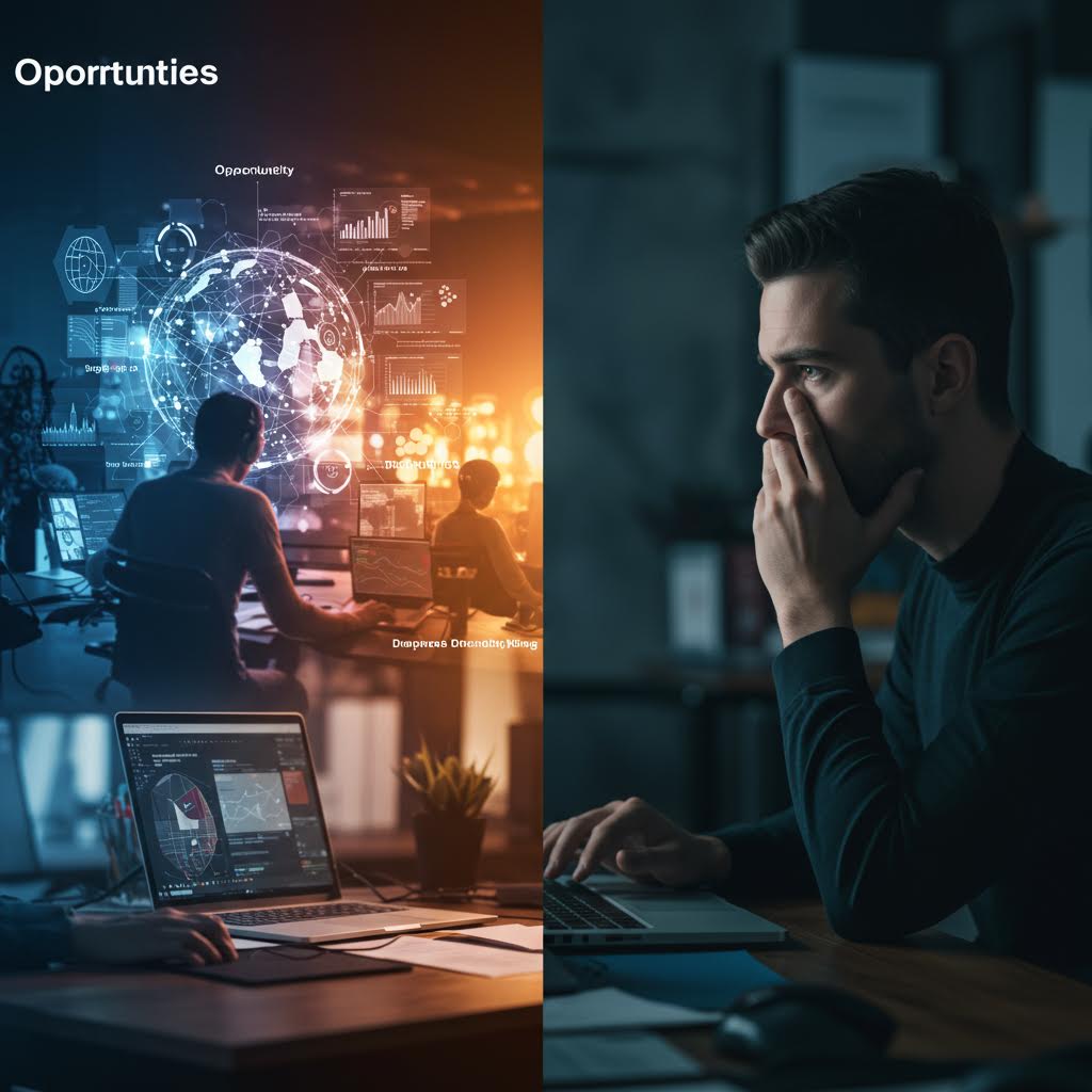 어두운 사무실에서 고민하는 인물과 화면 속 디지털 그래픽이 대비되며 전환의 과제를 드러내는 장면