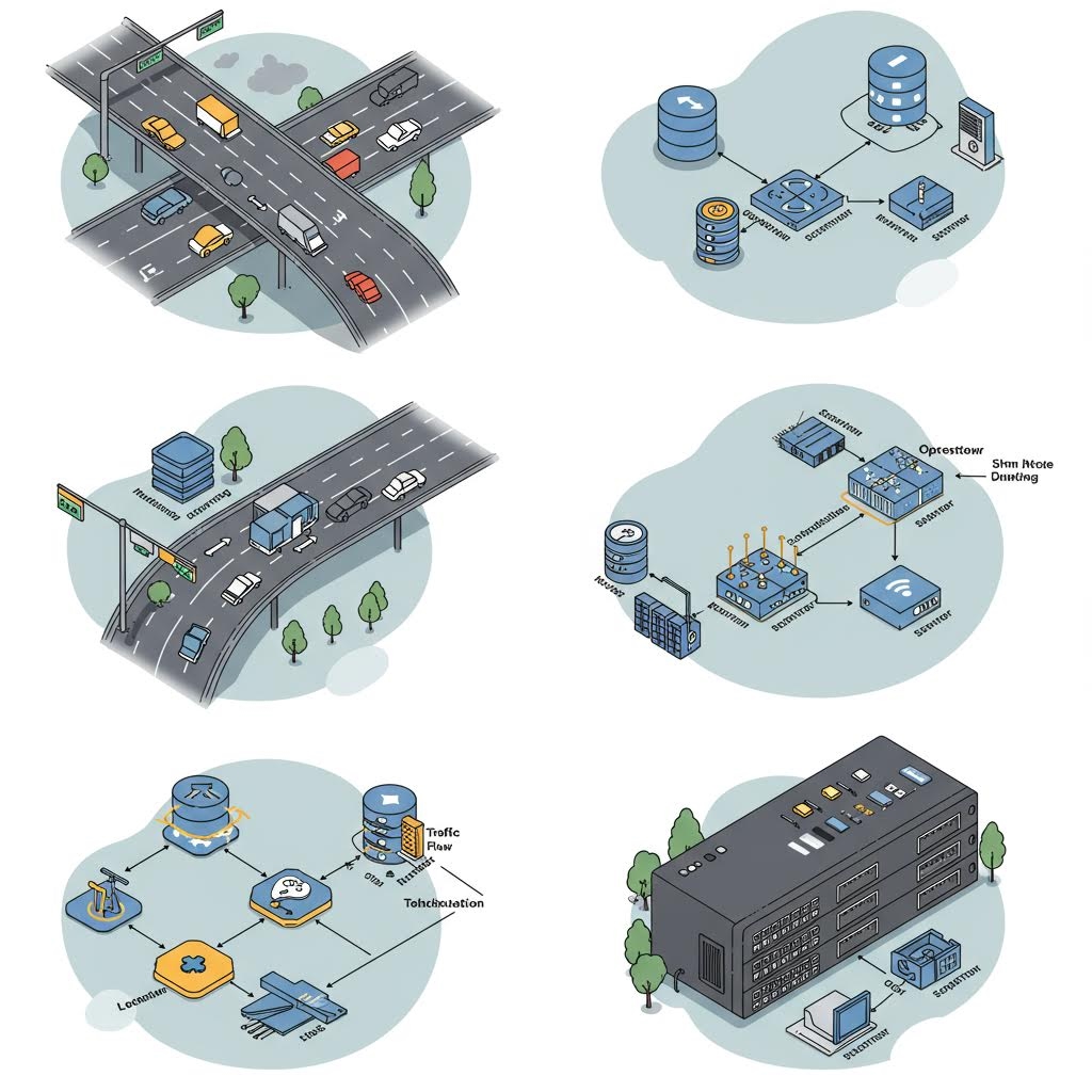 도로 위 차량 흐름과 교차로 장면이 위쪽에 그려져 있고, 아래쪽에는 데이터베이스와 네트워크 장비들이 선으로 연결된 구조가 섞여 다양한 상황 흐름을 설명하는 여러 그림이 함께 배치된 이미지