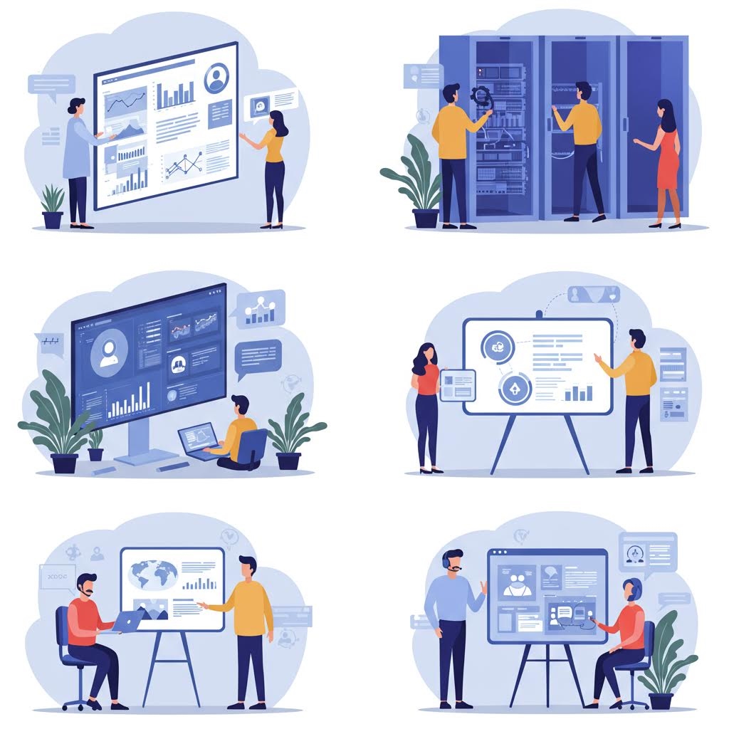 다양한 업무 환경 속 인물들이 디지털 보드와 인터페이스를 활용해 절차를 설명하는 일러스트 구성