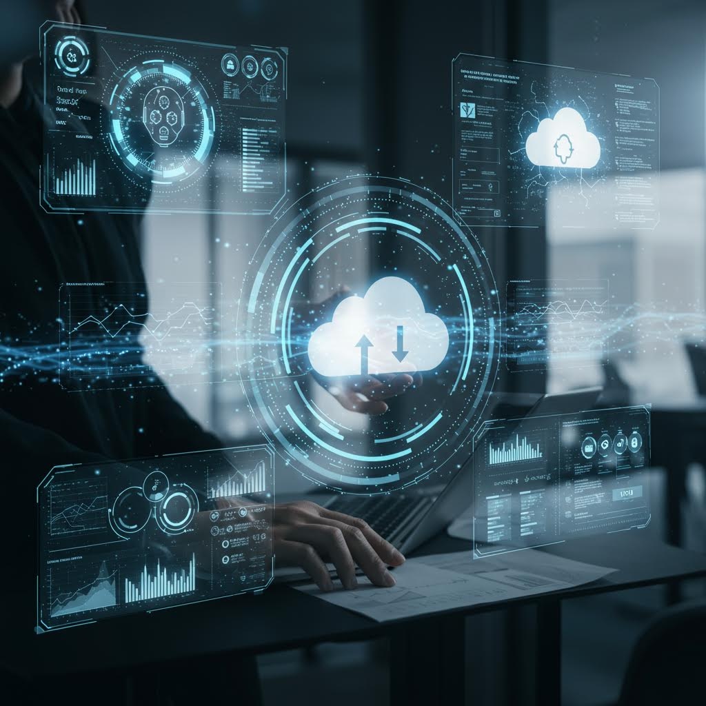 유리 벽 너머에서 클라우드 심볼과 데이터 패널이 떠오르며 기술 흐름을 강조하는 인터페이스 중심 장면