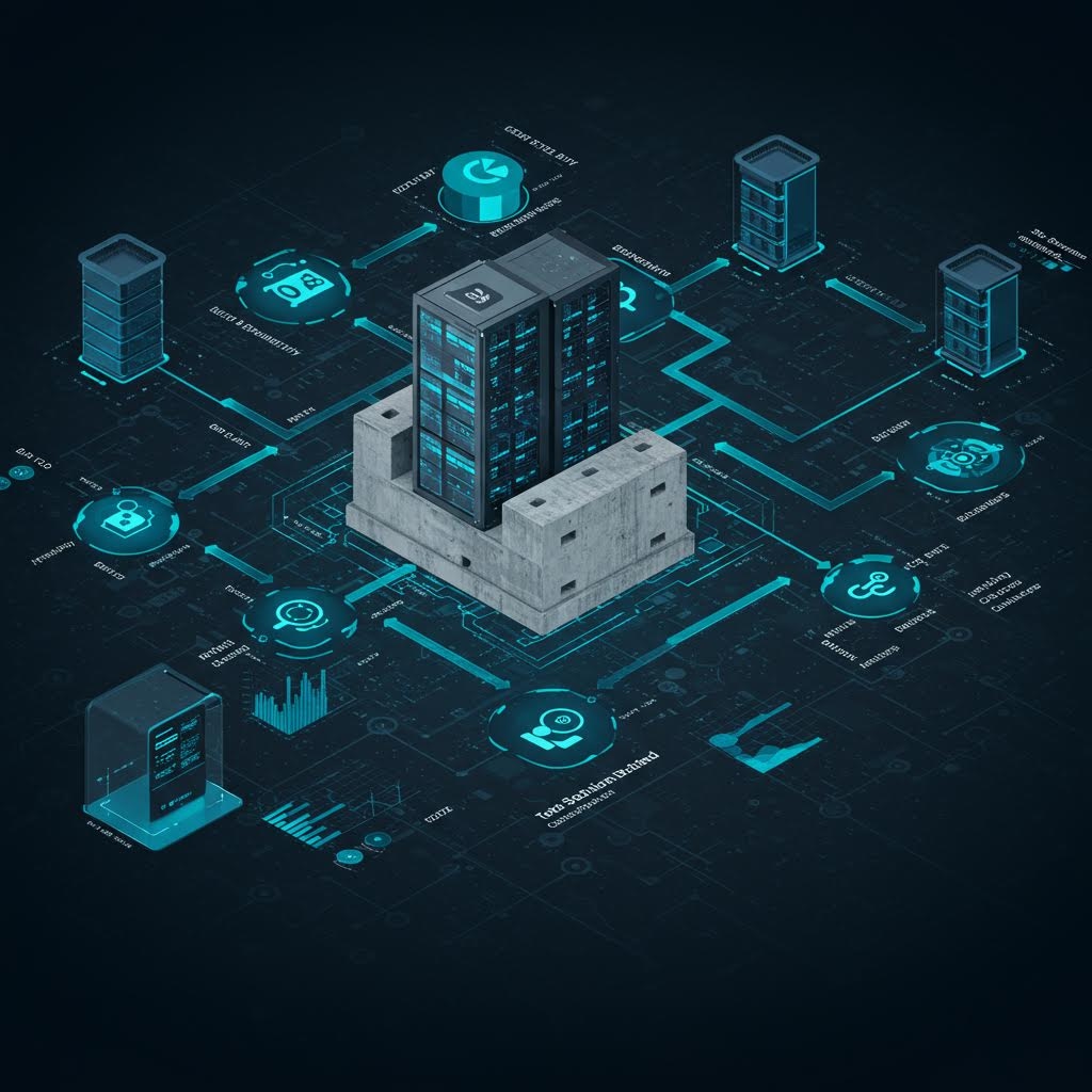 가운데에 단단한 콘크리트 기반 위에 세워진 건물 형태의 서버가 있고, 그 둘레에 다양한 장비와 그래프 아이콘이 파란 회로로 연결된 모습이 3D로 표현된 이미지