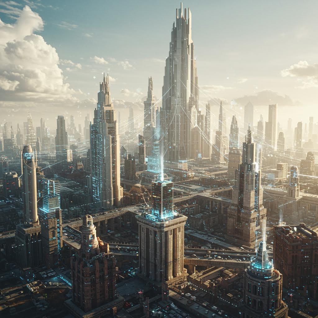 도심에 초고층 빌딩과 미래형 기반시설이 층층이 배치되어 공중 플랫폼과 연결되며 고도화된 도시 구조가 펼쳐지는 장면