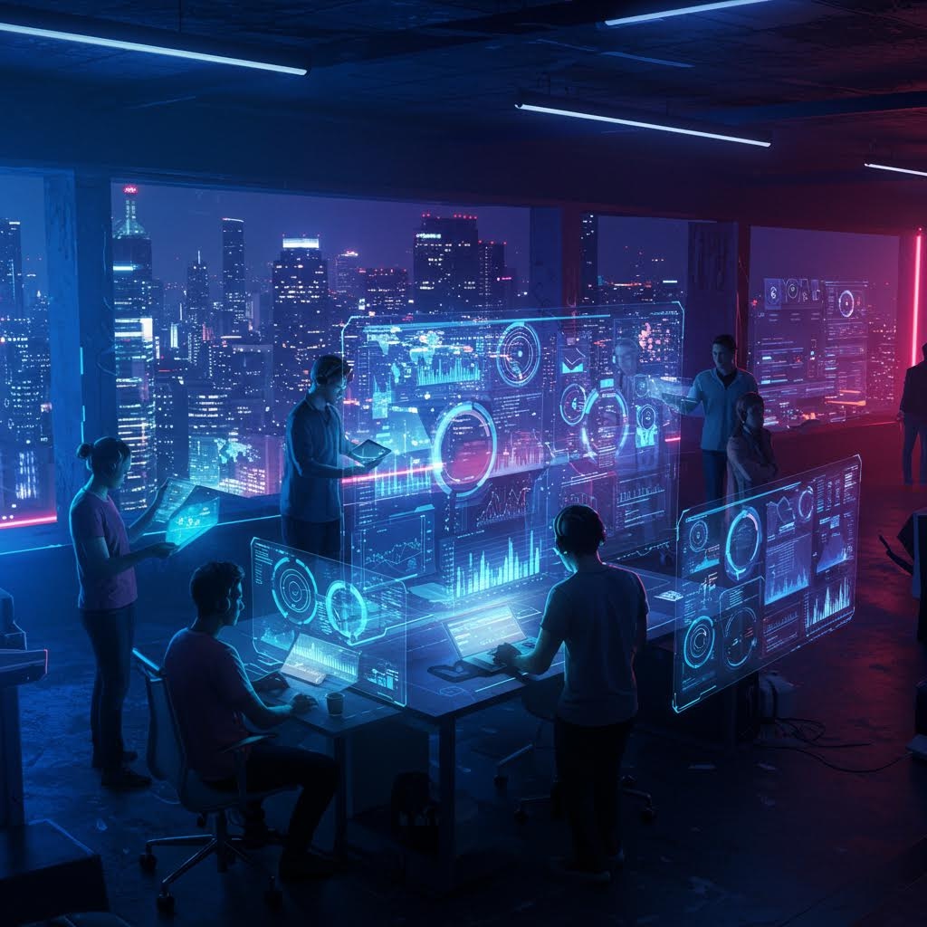 도시 야경을 배경으로 대형 홀로그램 테이블을 중심에 두고 산업 사람들이 데이터를 검토하는 작업 장면