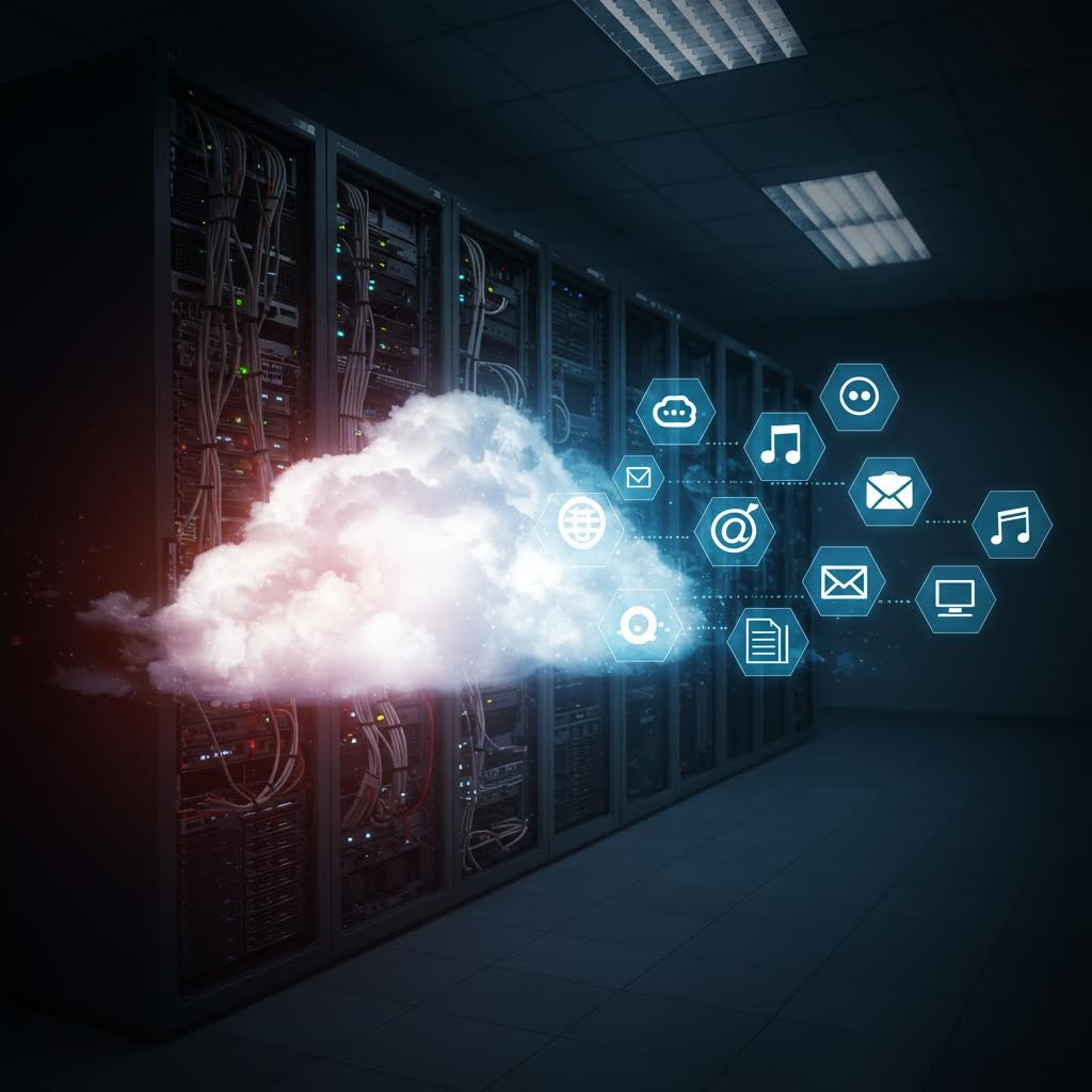 서버룸에서 클라우드 형태의 그래픽이 떠오르며 데이터 이동과 연결을 상징하는 표현