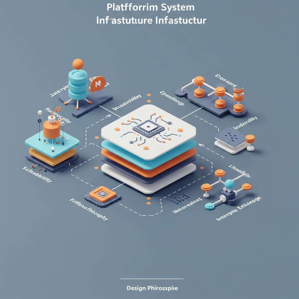 가운데에 여러 층으로 쌓인 칩 모듈이 있고, 그 주위를 다양한 기능 장치와 작은 사람 형상이 배치되어 점선으로 서로 연결된 모습의 3D 스타일 구성도