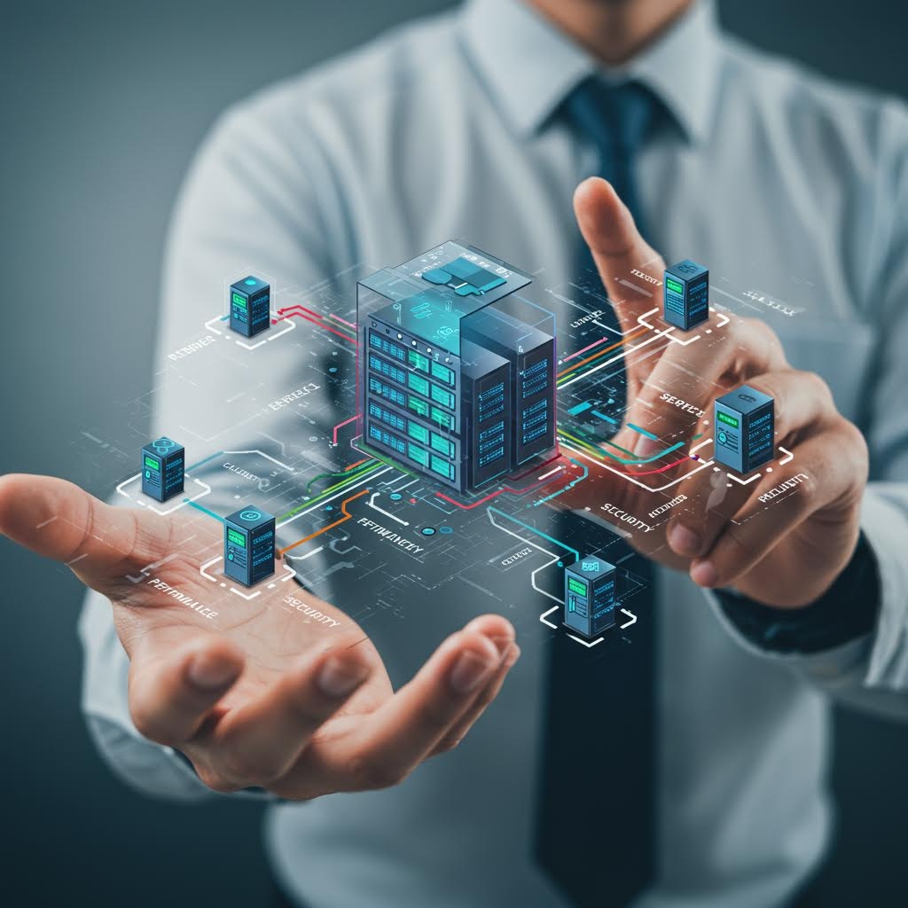 정장을 입은 남성이 양손을 펼치고 있고, 그 위에 작게 구현된 데이터센터 모형과 여러 서버가 빛나는 회로로 연결된 모습이 공중에 떠 있는 듯 표현된 장면