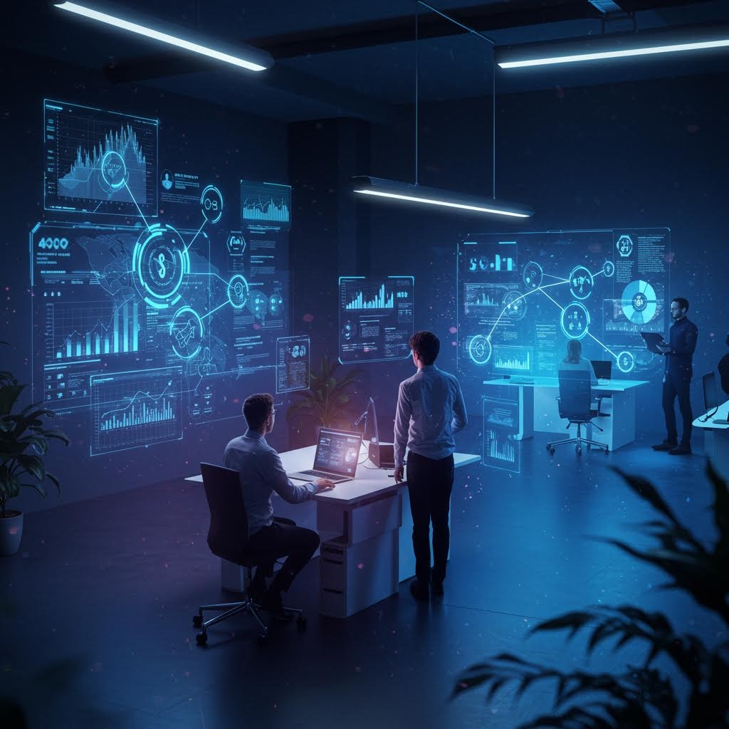 어두운 업무공간에서 홀로그램 패널을 분석하는 인물들이 기술 흐름을 읽어내는 장면의 분위기