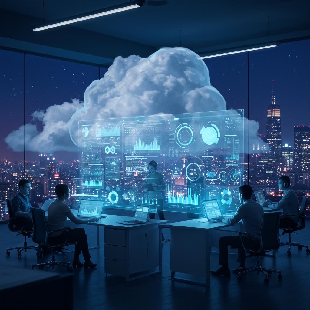 도시 전경을 배경으로 회의실에서 클라우드 기반 정보를 분석하는 장면을 미래형 패널로 표현한 모습