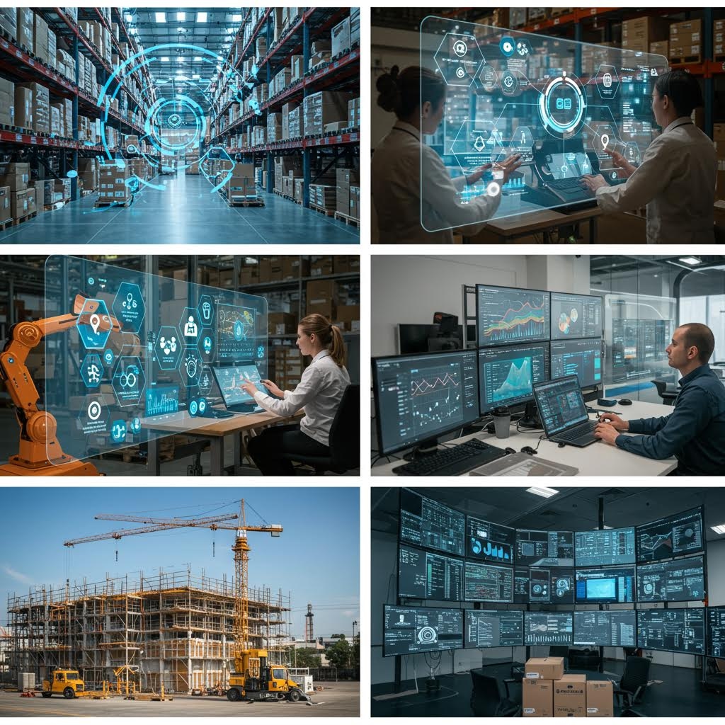 창고형 공간의 자동화 설비와 모니터링 화면들이 산업 운영 데이터를 시각적으로 보여주는 사례 묶음