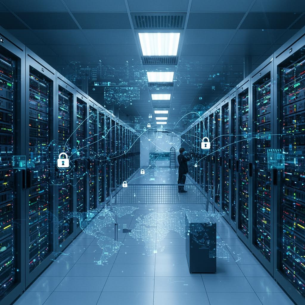 서버가 끝없이 이어진 복도에서 보안 아이콘이 중첩되며 데이터 보호 구조를 드러내는 공간의 인상