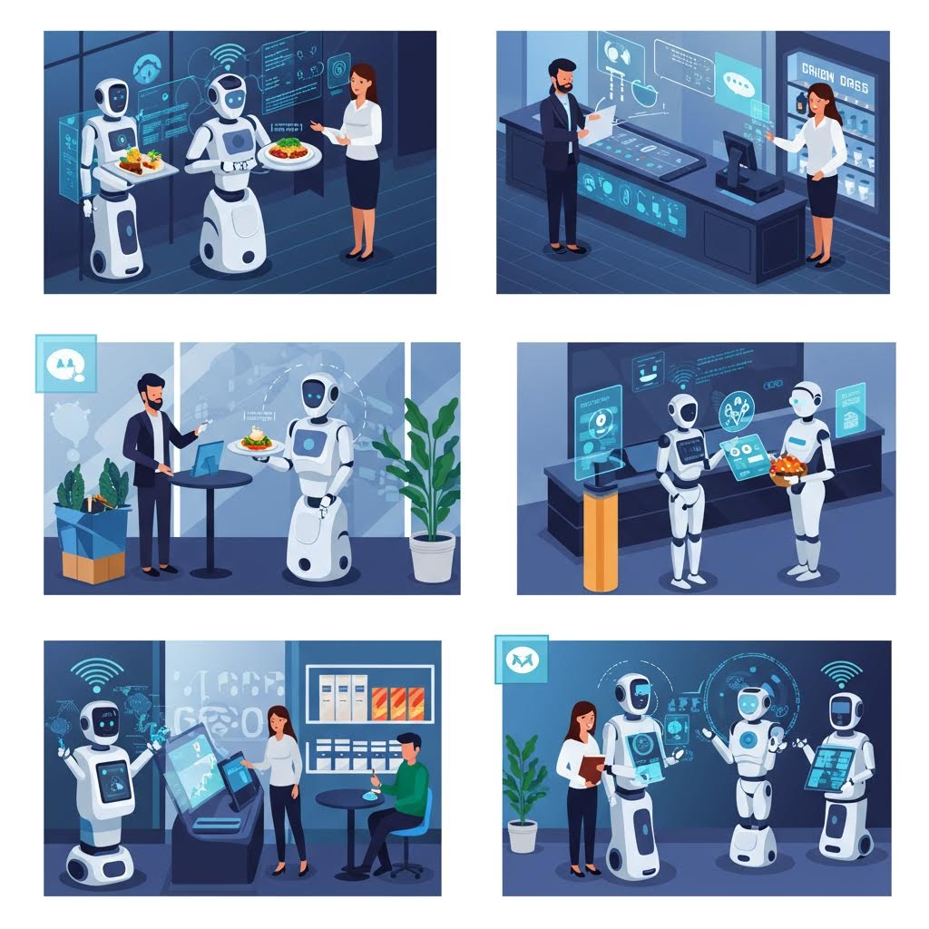 여러 로봇이 다양한 상황에서 사람과 상호작용하며 자동화 특성을 보여주는 장면