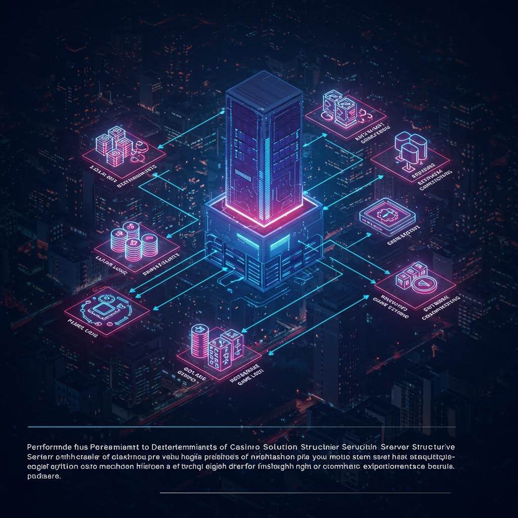 어두운 도시 배경 위에 빛나는 고층 건물이 서 있고, 그 주변에 여러 장비와 아이콘이 선으로 이어져 기능별 모듈이 건물과 연결된 모습이 네온 색상으로 강조된 3D 구조도