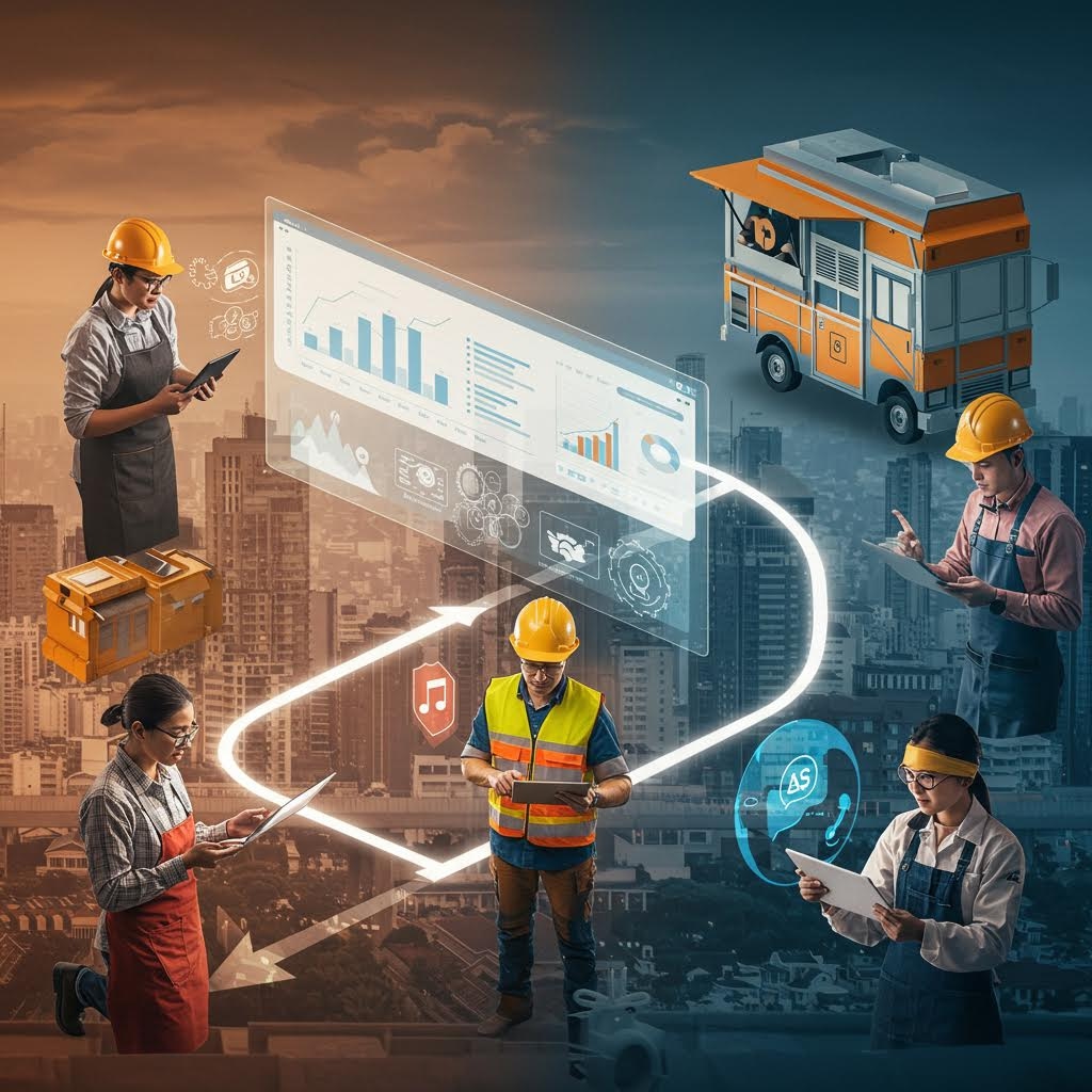 현장에서 작업자들이 디지털 패널을 활용해 공정 데이터를 확인하며 장비와 이동식 사무차량을 연계해 운영 흐름을 점검하는 모습