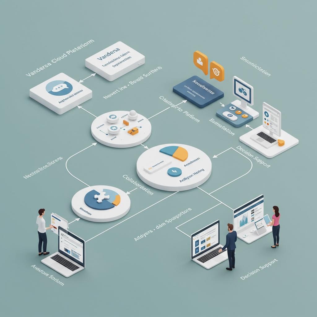 중앙의 원형 모듈을 중심으로 다양한 기능 블록과 노트북을 사용하는 사람들이 선으로 연결되어 있는 3D 형태의 워크플로우 다이어그램