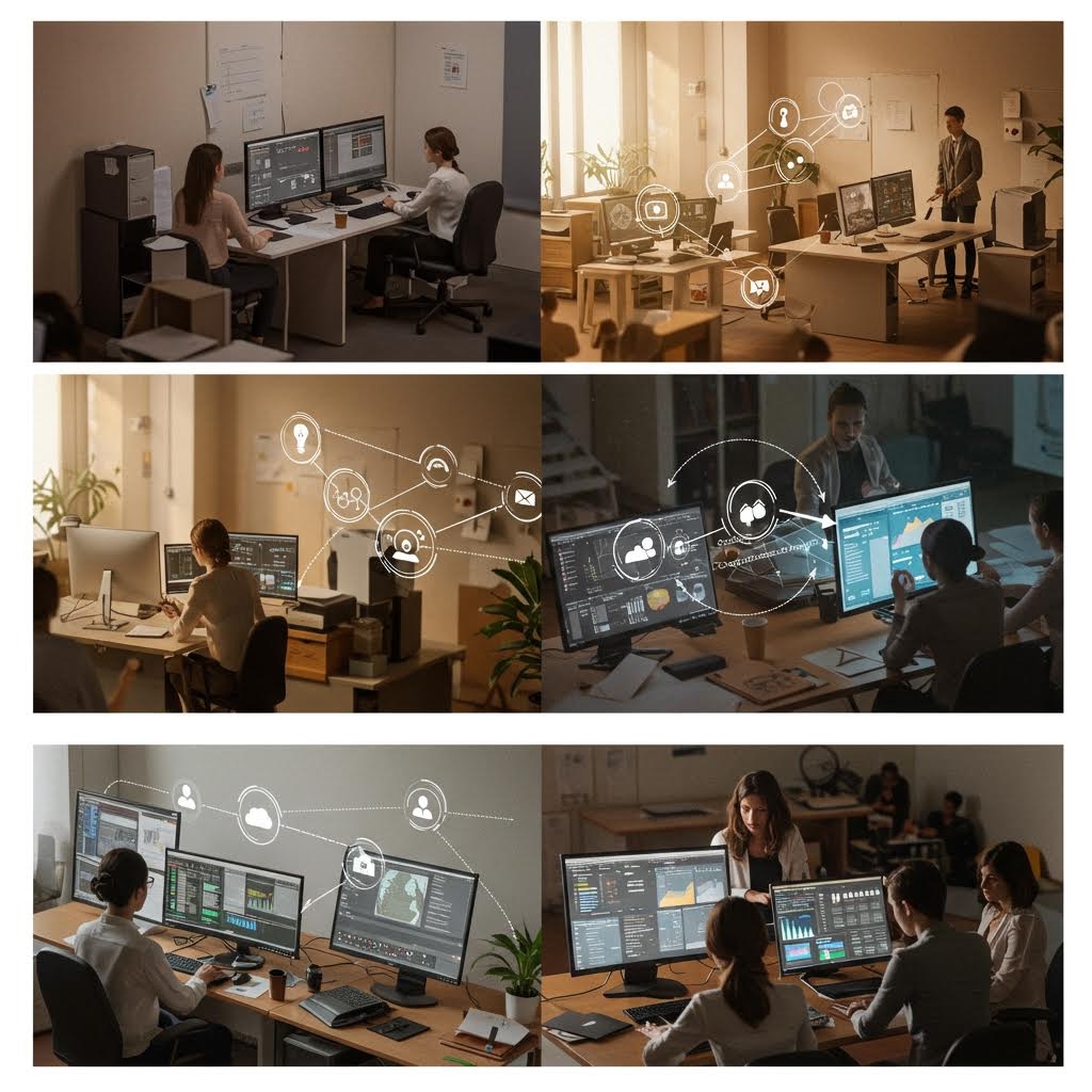 여러 사무공간에서 사람들과 홀로그램 패널이 함께 배치되어 협업 흐름을 시각적으로 보여주는 장면