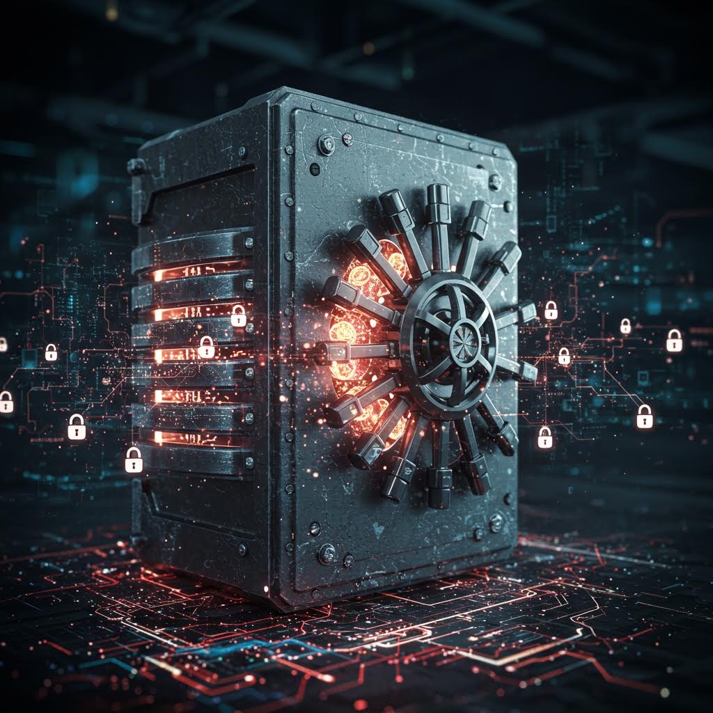 어두운 공간에서 금속 재질의 두꺼운 금고가 바닥 회로 위에 놓여 있고, 금고 문에서 붉은 빛이 새어 나오며 주변으로 작은 자물쇠 아이콘들이 떠 있는 장면