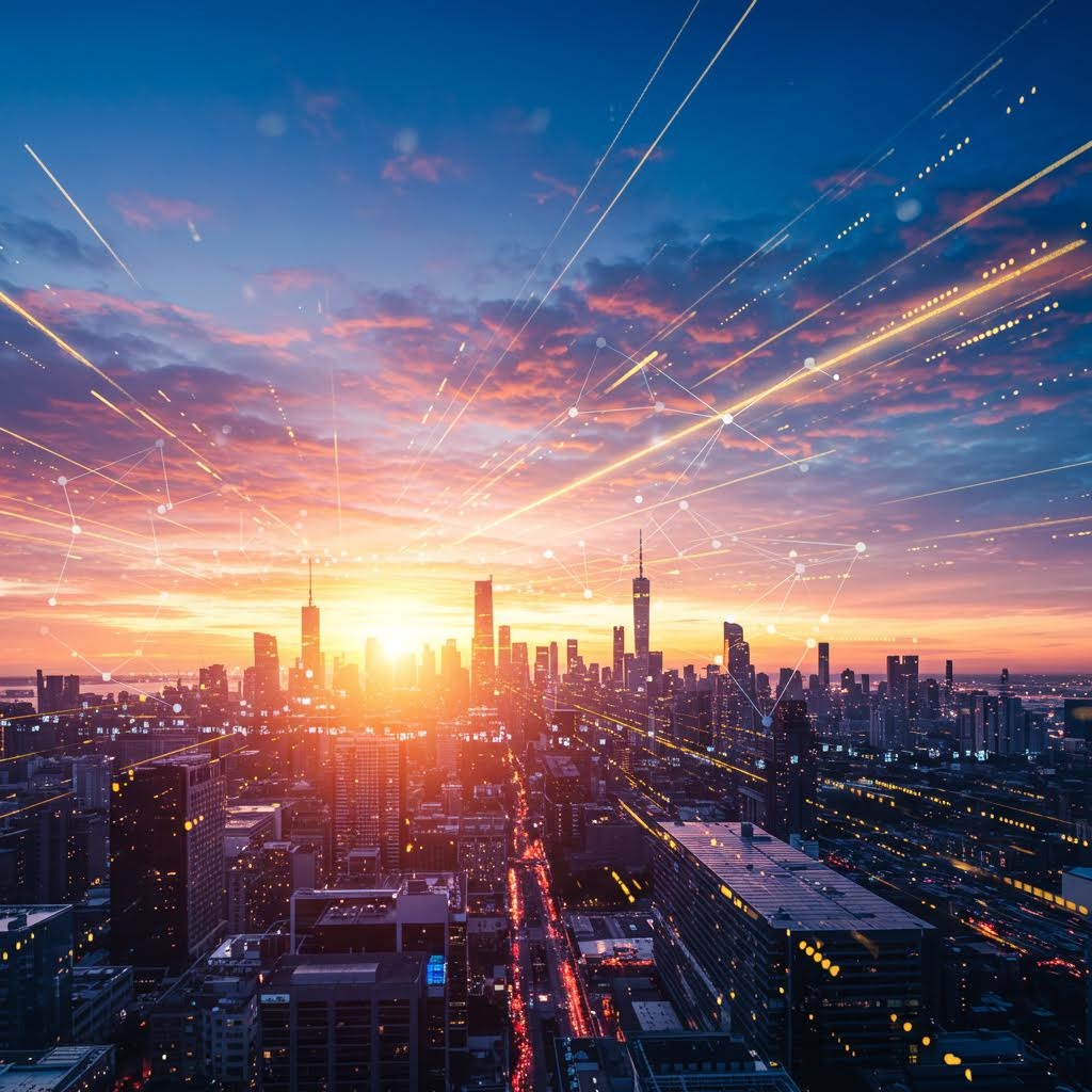 도시 전경 위로 빛의 궤적이 흐르며 일출과 함께 데이터 흐름을 상징하는 하늘 풍경