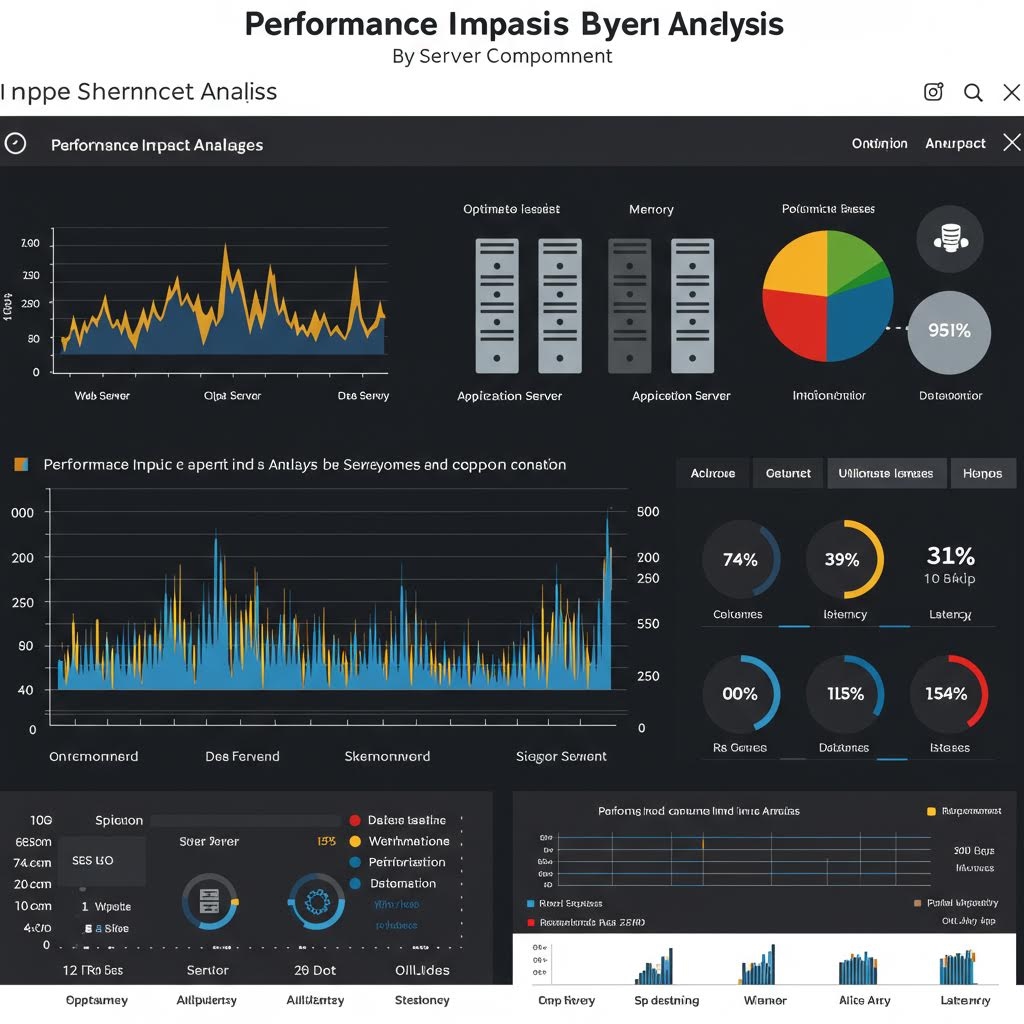 여러 종류의 그래프, 막대 차트, 원형 차트, 서버별 지표 패널이 빽빽하게 배치된 화면으로 CPU 사용률, 오류율, 응답 속도 같은 성능 변화가 다양한 시각 자료로 표현된 대시보드 구성