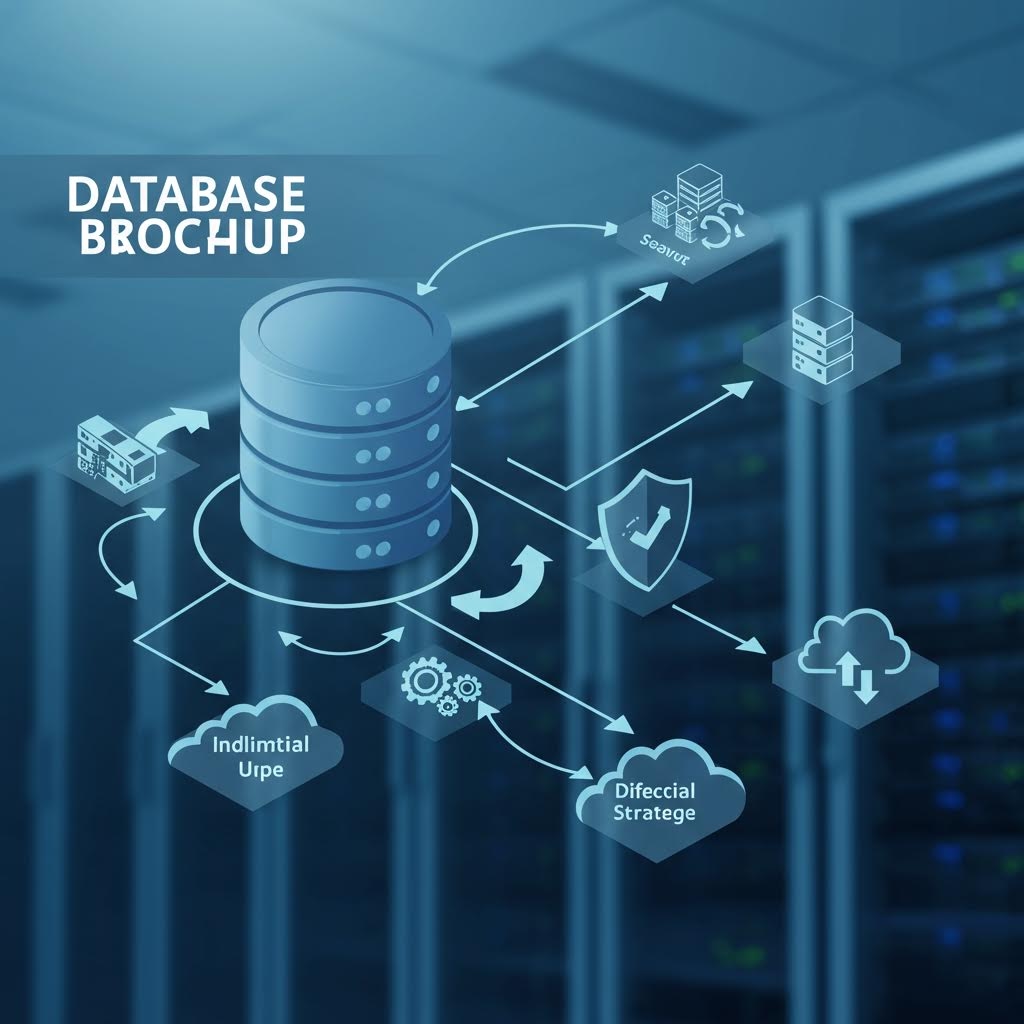 서버실 배경 위에 커다란 원형 데이터베이스 모형이 떠 있고, 그 주변에 보안, 네트워크, 백업, 클라우드 같은 아이콘들이 화살표로 연결된 구조로 배치된 장면