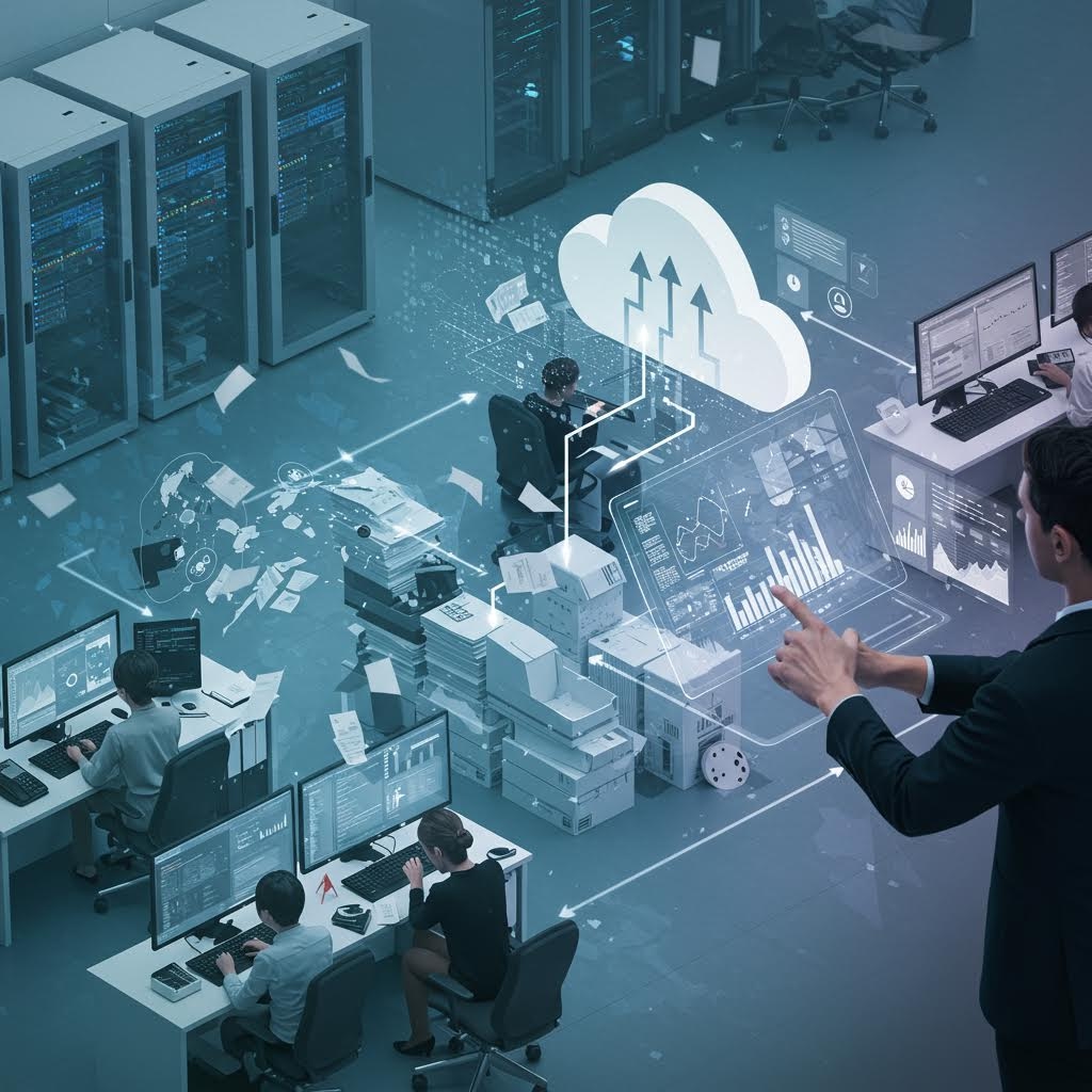 데이터 흐름을 모니터링하는 운영실 전경에서 클라우드 인터페이스가 확장되는 구조를 시각화한 순간