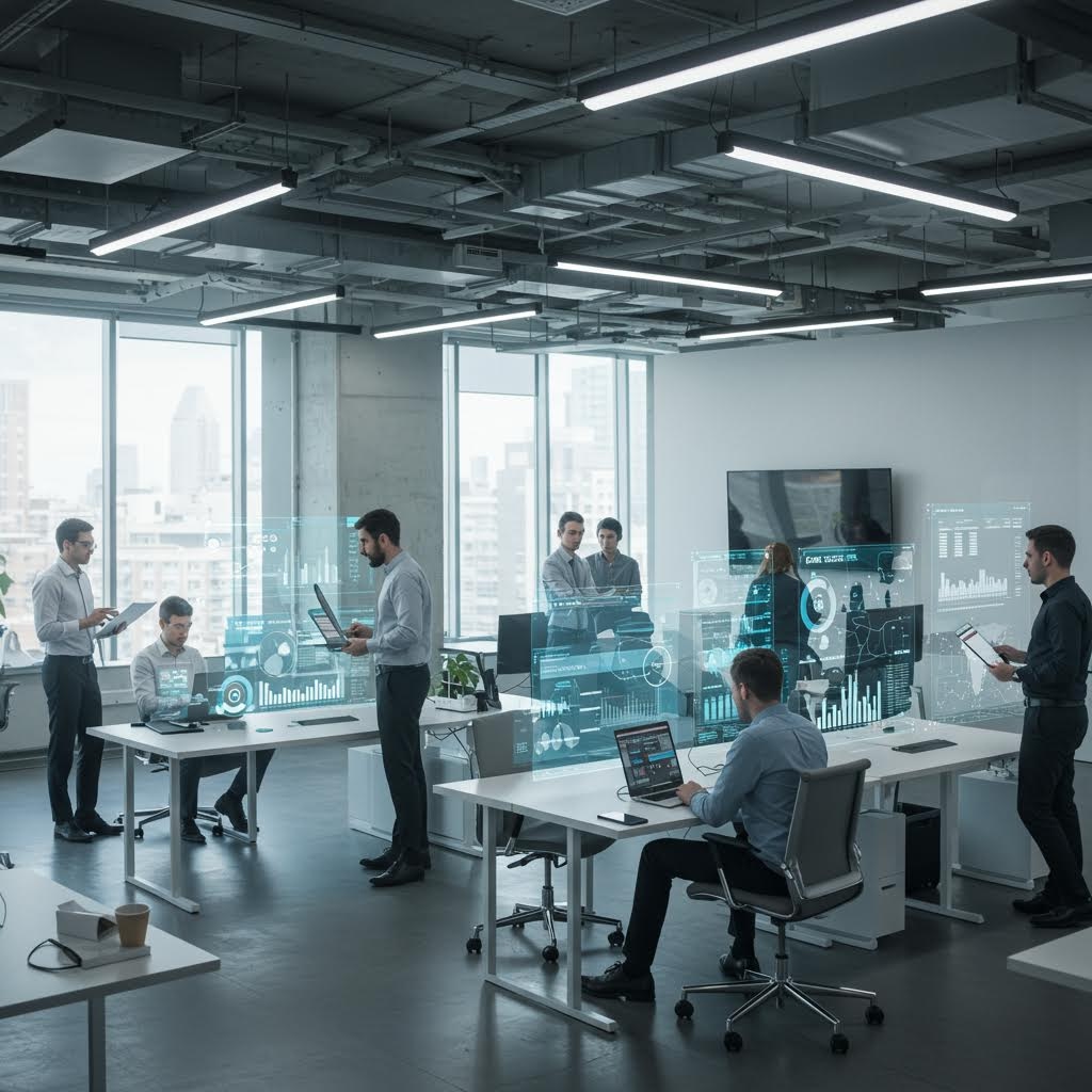 회의 공간에서 여러 인물이 홀로그램 패널을 바라보며 데이터 구조를 검토하는 업무 장면의 구성