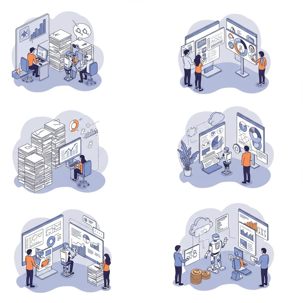 여러 실내 공간에서 인물이 모듈식 인터페이스를 다루며 절차와 운영 단계를 설명하는 일러스트 구성