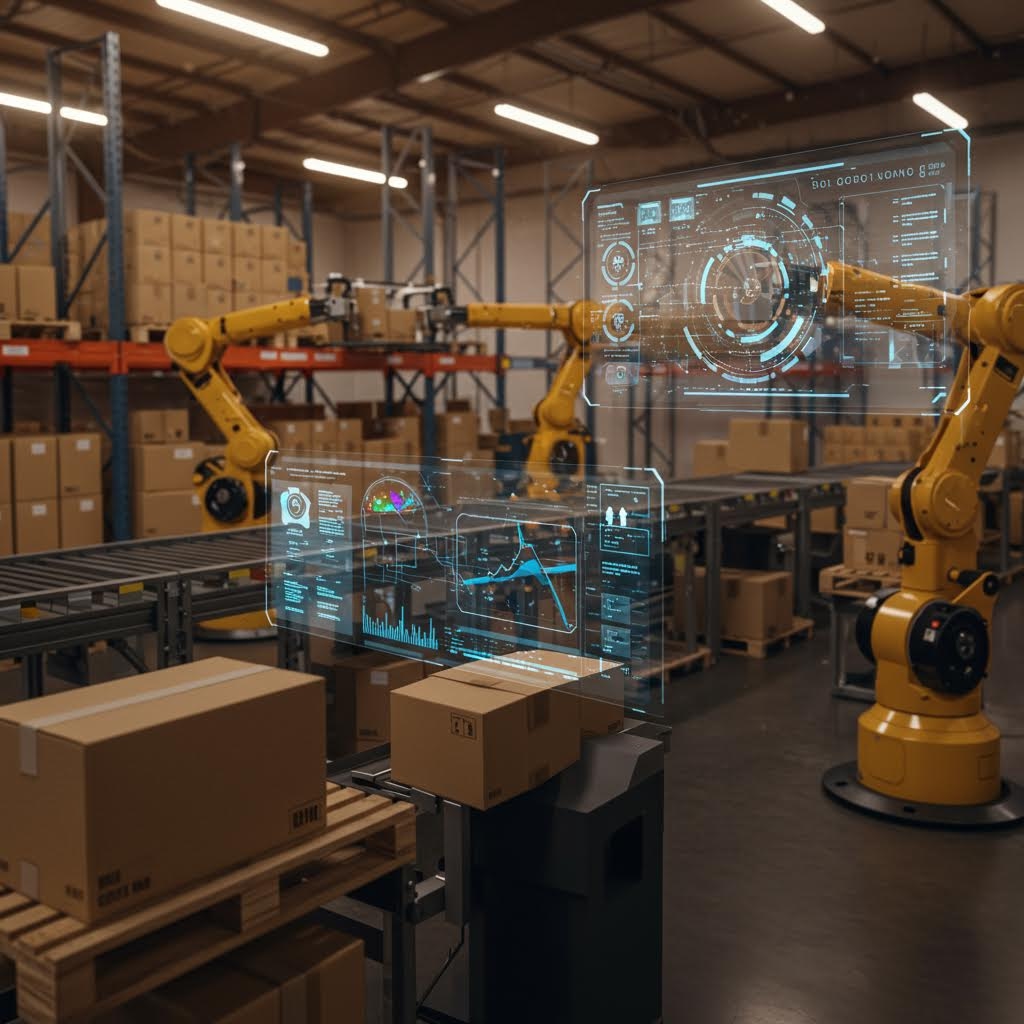 자동화 설비가 배치된 창고형 공간에서 로봇 암과 데이터 패널이 동시에 작동하는 작업 흐름의 장면