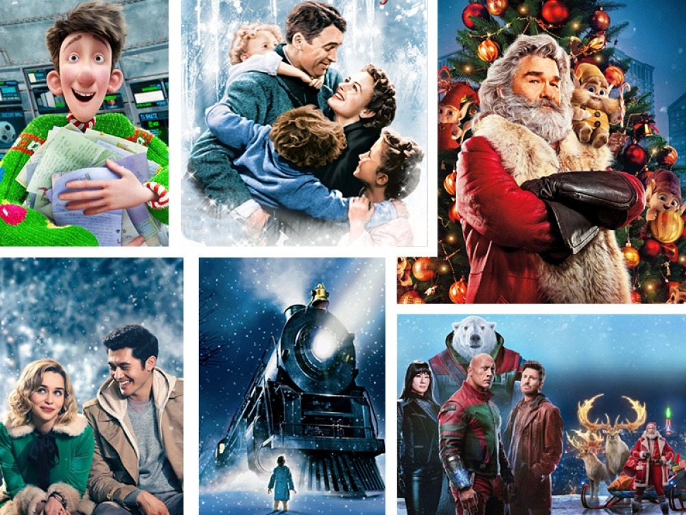 Streaming platform movie catalog displaying a selection of holiday, family, and adventure films.