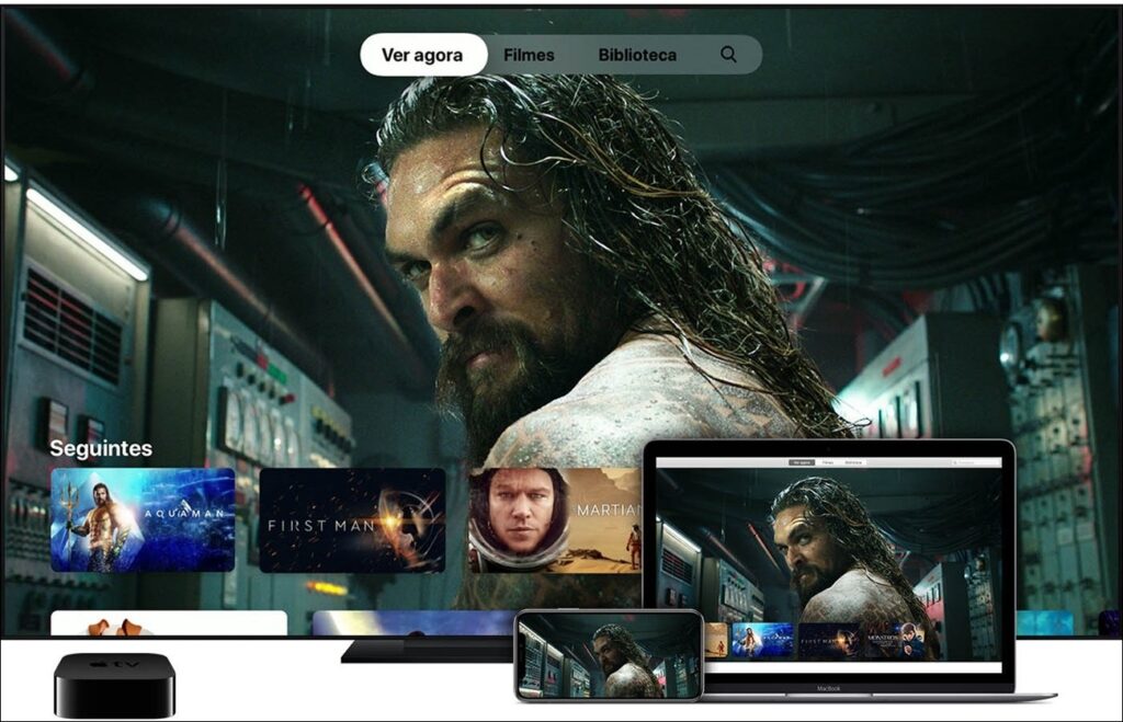 Apple TV+ interface showing movie recommendations across TV, laptop, and mobile devices with a smaller streaming library.